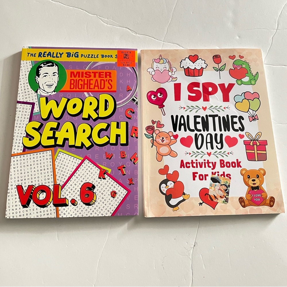 2 puzzle books: Mister Bighead's Word Search Vol. 6 and I Spy Valentines Day
